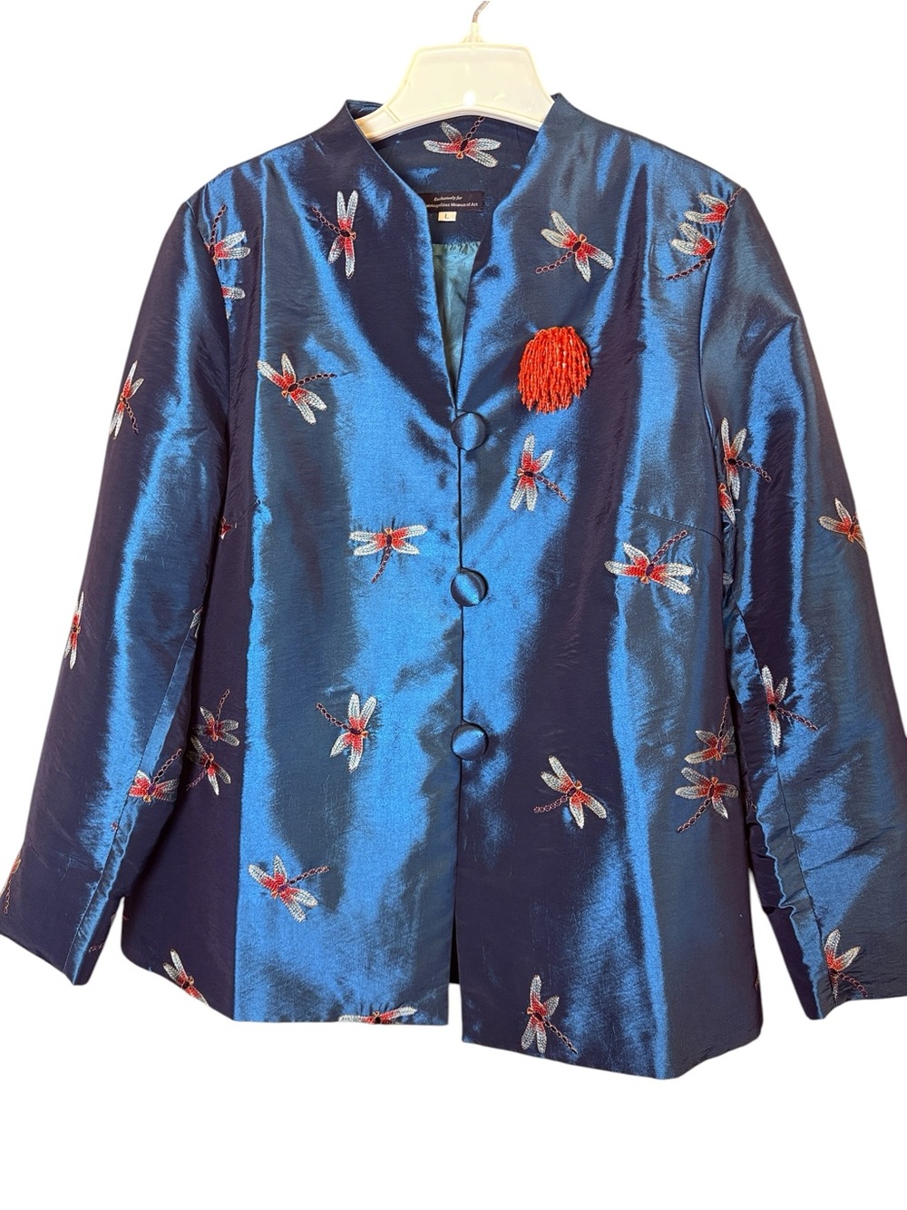 Moma Women’s Rich Blue Satin Dragonfly Embroidered Dress Jacket/Blazer sz L